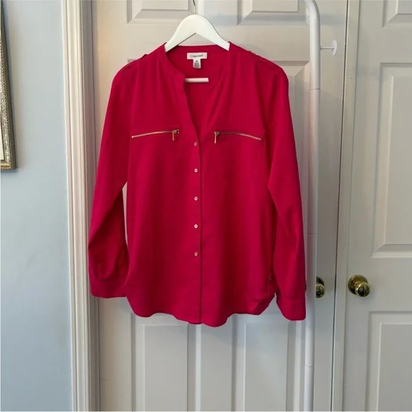Calvin Klein Fuchsia Pink Gold Button Down Blouse Size Small - Picture 3 of 10